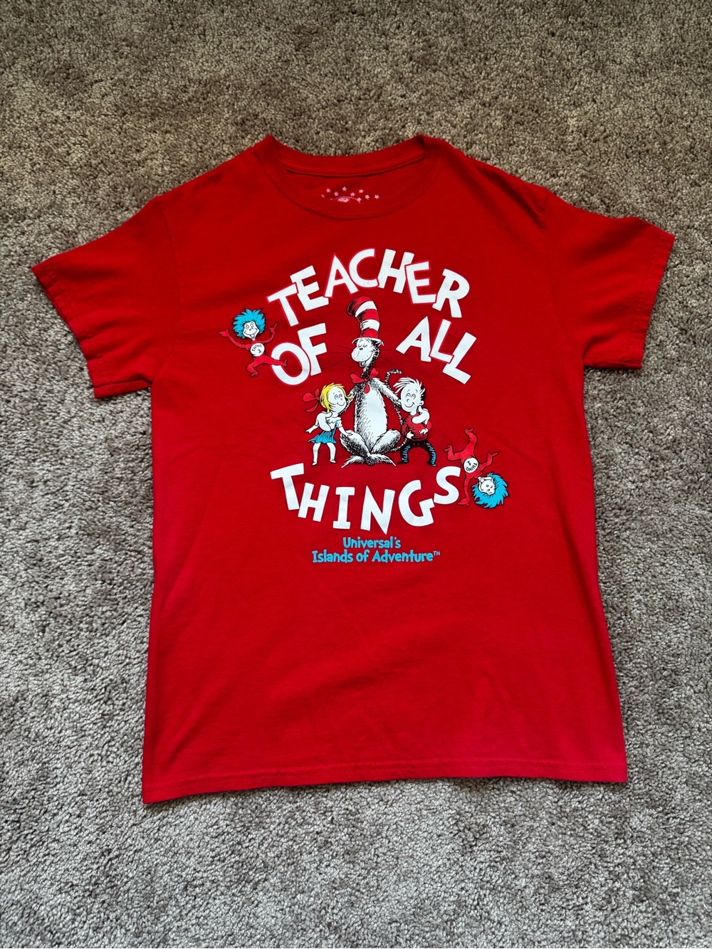 Universal Studios Dr. Seuss Cat in the Hat Teacher Graphic T-Shirt Red Mens Sz S